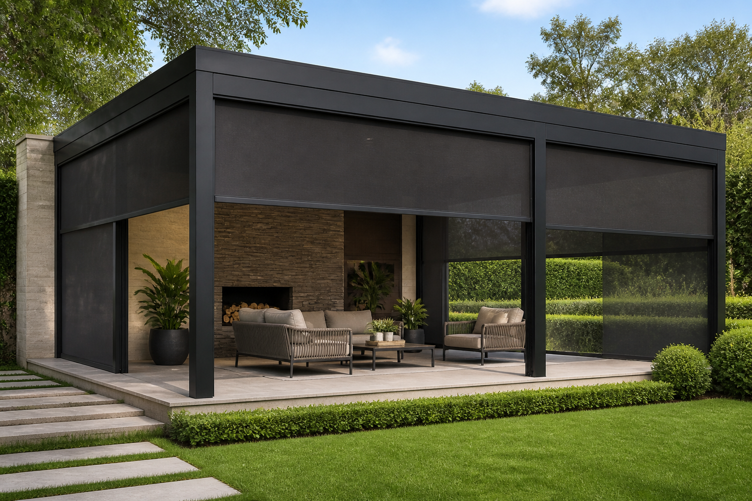 Ziptrack exterior shades on a modern patio