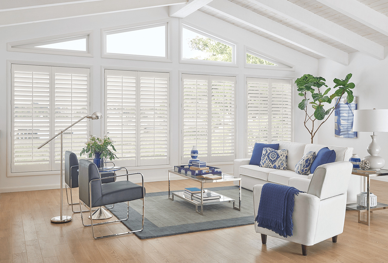 White plantation shutters in a living room